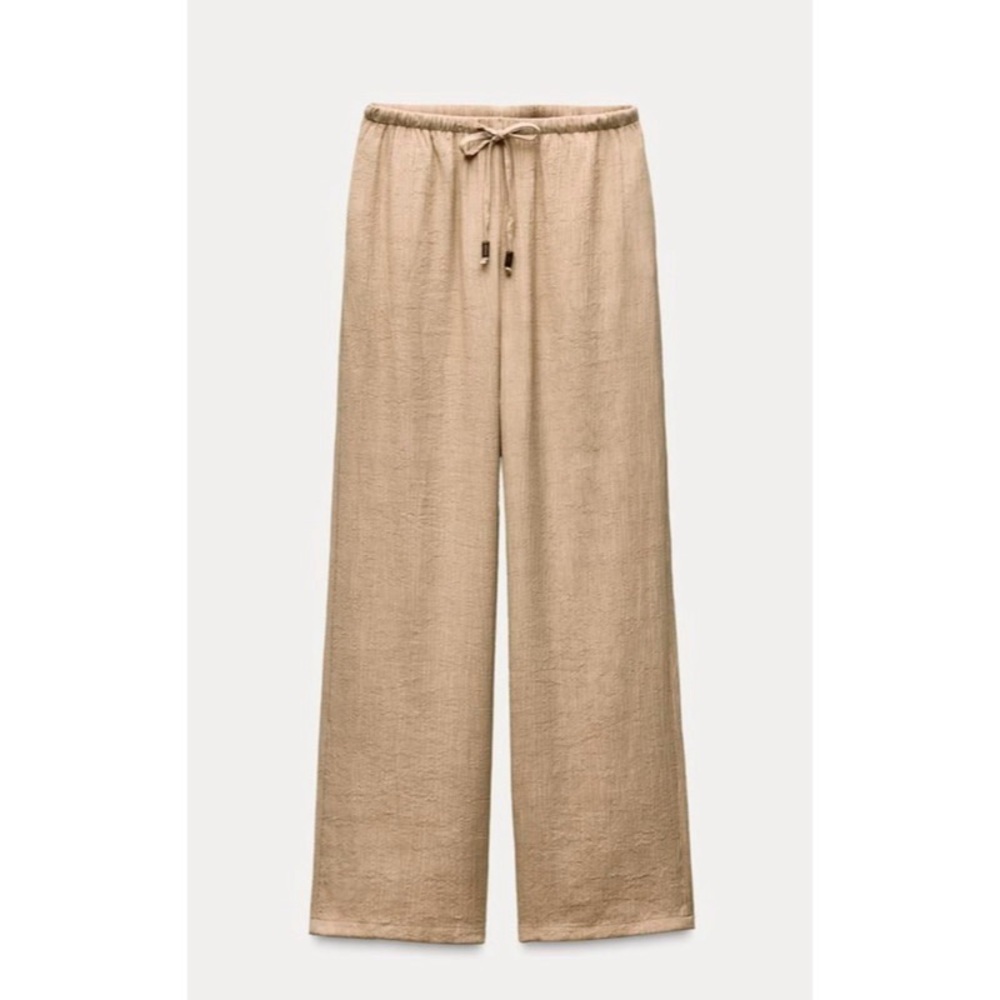 Zara Women's Tan Ribbed Drawstring Low Rise Wide Leg Pants L